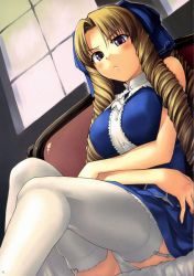 Rule 34 | 00s, 1girl, bare shoulders, blonde hair, crossed arms, drill hair, fate/hollow ataraxia, fate/stay night, fate (series), frills, frown, garter belt, hair ribbon, highres, lingerie, long hair, luviagelita edelfelt, panties, pantyshot, purple eyes, ribbon, sitting, solo, tanaka shoutarou, thighhighs, thighs, underwear, upskirt, white panties, white thighhighs, window