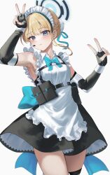 Rule 34 | 1girl, absurdres, apron, arm up, armpits, bare shoulders, belt, belt pouch, black dress, black gloves, blonde hair, blue archive, blue eyes, bow, bowtie, braid, bun cover, closed mouth, cowboy shot, double v, dress, earpiece, elbow gloves, expressionless, fingerless gloves, frilled apron, frilled dress, frills, gloves, halo, hand up, hare (hare 1730), highres, looking at viewer, maid, maid apron, maid headdress, md5 mismatch, pouch, resolution mismatch, short dress, short hair, sidelocks, sleeveless, sleeveless dress, solo, source smaller, thigh strap, thighs, toki (blue archive), v, wing collar