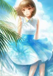 Rule 34 | 1girl, absurdres, bad id, bad twitter id, blue skirt, blue sky, bob cut, brown eyes, brown hair, cloud, cloudy sky, commentary request, day, feet out of frame, high-waist skirt, highres, looking at viewer, original, outdoors, palm tree, parted lips, romiy, shirt, short hair, sitting, skirt, sky, smile, solo, tree, white shirt