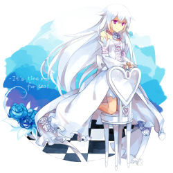 Rule 34 | 00s, 1girl, braid, chair, checkered floor, detached sleeves, dress, floor, flower, hiragi rin, long hair, pandora hearts, purple eyes, rose, smile, solo, very long hair, white hair, will of the abyss