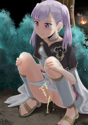 Rule 34 | 1girl, anus, black clover, blush, bush, censored, clothes pull, feet, female focus, grey hair, highres, homare (suzu no oka), humiliation, japanese text, mosaic censoring, noelle silva, outdoors, panties, panty pull, pee, pee stain, peeing, puddle, purple eyes, pussy, sandals, source request, squatting, stain, stained panties, stained underwear, sweat, twintails, underwear, underwear pull, white panties