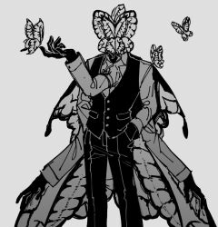Rule 34 | 1boy, bug, butterfly, butterfly wings, cowboy shot, extra arms, facing viewer, funeral of the dead butterflies, gloves, greyscale, hand in pocket, hand up, highres, insect, insect wings, lobotomy corporation, long sleeves, maskv, monochrome, pants, project moon, simple background, solo, standing, vest, wings