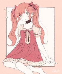 Rule 34 | 1girl, blush, bow, collarbone, dress, expressionless, hair bow, highres, invisible chair, long hair, looking at viewer, noeru (noellemonade), original, pale skin, pink eyes, red bow, red dress, red hair, see-through, see-through sleeves, short sleeves, sidelocks, signature, sitting, solo, twintails