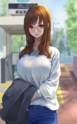 Rule 34 | 1girl, :d, blue pants, brown eyes, brown hair, commentary request, eyelashes, glasses, happy, highres, long hair, looking at viewer, open mouth, original, pants, smile, solo, standing, yukimaru ai