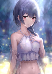 Rule 34 | 1girl, absurdres, arm at side, bare shoulders, bikini, black hair, blurry, blurry background, braid, collarbone, commentary, floral print, frilled bikini, frills, grey bikini, hair between eyes, hair over shoulder, halterneck, hand on own chest, hand up, highres, idolmaster, idolmaster shiny colors, light blush, light rays, light smile, long hair, looking at viewer, morino rinze, navel, off shoulder, open clothes, open shirt, outdoors, parted lips, red eyes, see-through, see-through shirt, single braid, solo, standing, stomach, swimsuit, tonguewasabi, tree, upper body, water, water drop, wet, wet hair