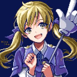Rule 34 | 1girl, blue background, blue jacket, blue ribbon, brown hair, collared shirt, hiroita, holding, holding pointer, jacket, looking ahead, lowres, open mouth, pixel art, pointer, ribbon, shirt, signature, solo, star ocean, star ocean the second story, twintails, welch vineyard, white shirt