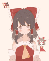 Rule 34 | 1girl, absurdres, ascot, bare shoulders, black hair, blush, bow, color guide, commentary request, detached sleeves, frilled bow, frilled hair tubes, frills, grey eyes, hair bow, hair tubes, hakurei reimu, highres, iris-san, looking at viewer, medium hair, red bow, red shirt, shirt, sidelocks, simple background, sleeveless, sleeveless shirt, touhou, upper body, yellow ascot