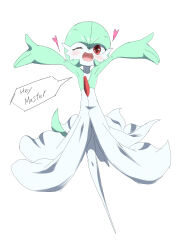 Rule 34 | 1girl, absurdres, armpits, arms up, blush, bob cut, collarbone, colored skin, coo (bkkm3910), creatures (company), english text, female focus, flat chest, game freak, gardevoir, gen 3 pokemon, green hair, green skin, hair between eyes, happy, heart, highres, incoming hug, leg up, looking at viewer, multicolored skin, nintendo, one eye closed, open mouth, outstretched arms, pokemon, pokemon (creature), red eyes, short hair, simple background, smile, solo, speech bubble, spread arms, standing, standing on one leg, talking, two-tone skin, white background, white skin, wink