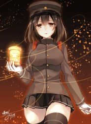 Rule 34 | 1girl, akitsu maru (kancolle), black hair, black thighhighs, blush, breasts, gloves, hat, kantai collection, lamp, large breasts, long sleeves, looking at viewer, one-hour drawing challenge, pleated skirt, short hair, skirt, solo, thighhighs, toosaka asagi, white gloves, zettai ryouiki