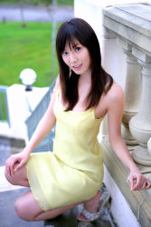 Rule 34 | 1girl, asian, bare legs, bare shoulders, blurry, depth of field, dress, full body, high heels, highres, japanese (nationality), long hair, looking at viewer, nagasawa nao, nao mail, open shoes, outdoors, photo (medium), solo, spaghetti strap, squatting, stairs, sundress, tagme, yellow dress