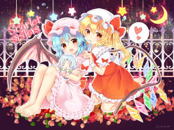 Rule 34 | 0 0, 2girls, absurdres, artist name, ascot, barefoot, bat wings, blonde hair, blue hair, blush, bow, braid, character doll, commentary request, crescent, crystal, doll, dress, fang, flandre scarlet, frilled bow, frilled ribbon, frilled shirt collar, frills, full body, green bow, hair between eyes, hair bow, hair in own mouth, hand on another&#039;s shoulder, hat, hat bow, hat ribbon, head tilt, heart, highres, holding, holding doll, huge filesize, izayoi sakuya, kneeling, knees up, leaf, light particles, long hair, looking at viewer, maid, maid headdress, miniskirt, mob cap, mouth hold, multiple girls, one side up, open mouth, outline, petals, petticoat, pink dress, pink headwear, puffy short sleeves, puffy sleeves, ramudia (lamyun), red bow, red eyes, red ribbon, red skirt, red vest, remilia scarlet, ribbon, ribbon-trimmed collar, ribbon-trimmed dress, ribbon trim, shirt, short hair, short sleeves, siblings, silver hair, sisters, skin fang, skirt, skirt set, smile, spoken heart, star (symbol), touhou, twin braids, twitter username, vest, white headwear, white outline, white shirt, wings, wrist cuffs, yellow ascot