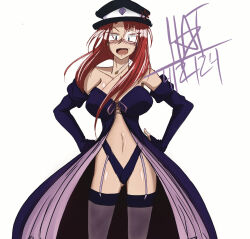 Rule 34 | 1girl, black dress, blue eyes, blush, breasts, cleavage, collarbone, dominatrix, dress, forte stollen, galaxy angel, garter belt, hat, large breasts, looking at viewer, monocle, navel, open mouth, red hair, shiny skin, stomach, thick thighs, thighhighs, thighs