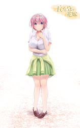 Rule 34 | 1girl, absurdres, blue eyes, breasts, brown footwear, cleavage, closed mouth, collared shirt, commentary request, copyright name, dress shirt, go-toubun no hanayome, green skirt, green sweater, highres, jimmy (727690351), large breasts, nakano ichika, pink hair, pleated skirt, shirt, short hair, short sleeves, skirt, smile, standing, sweater, tied sweater, white shirt