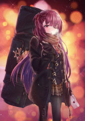 Rule 34 | 1girl, arm behind back, arm up, artist name, bad id, bad pixiv id, belt, black gloves, black pantyhose, blazer, blunt bangs, blush, breasts, breath, brown hair, brown skirt, buckle, coat, cold, commentary request, eyes visible through hair, girls&#039; frontline, gloves, hair ribbon, highres, holding, holding letter, holding strap, jacket, leaning forward, letter, long hair, looking at viewer, medium breasts, necktie, necoring862, night, night sky, official alternate costume, one eye closed, one side up, open clothes, open coat, open mouth, pantyhose, pleated skirt, purple hair, red eyes, red necktie, red scarf, ribbon, scarf, skirt, sky, snowflake print, solo, sparkle, standing, very long hair, wa2000 (date in the snow) (girls&#039; frontline), wa2000 (girls&#039; frontline), weapon bag