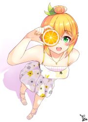 Rule 34 | 1girl, :d, alternate costume, alternate hairstyle, arm at side, bare shoulders, blush, commentary, dress, drop shadow, food, foreshortening, from above, fruit, green eyes, hair between eyes, hair bun, hair ornament, hand up, highres, hinatsuki mikan, holding, holding food, holding fruit, leaf hair ornament, looking at viewer, machikado mazoku, mandarin orange, nail polish, open mouth, orange (fruit), orange hair, orange slice, round teeth, sandals, signature, simple background, single hair bun, sleeveless, sleeveless dress, smile, solo, standing, sundress, symbol-only commentary, teeth, upper teeth only, user zmhd3373, white background, yellow nails