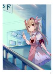 Rule 34 | 1girl, apron, armband, blush, closed mouth, cowboy shot, desk, dress, from below, hair ornament, hat, heart, indoors, light brown hair, long hair, looking at viewer, makihitsuji, natori sana, nurse cap, pink apron, pink hat, puffy short sleeves, puffy sleeves, rabbit hair ornament, red eyes, safety pin, sana channel, short sleeves, smile, solo, two side up, upper body, v, virtual youtuber, white dress
