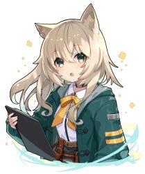 Rule 34 | 1girl, :o, animal ear fluff, animal ears, arknights, belt, belt buckle, blonde hair, blush, bow, bowtie, buckle, clipboard, collared shirt, commentary request, cropped torso, dog ears, green eyes, green jacket, hair between eyes, holding, holding clipboard, jacket, long hair, long sleeves, looking at viewer, open clothes, open jacket, open mouth, orange bow, orange bowtie, podenco (arknights), satsuma imohen, shirt, solo, transparent background, twitter username, upper body, white shirt