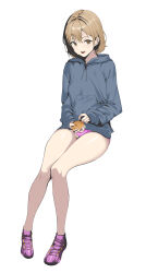 1girl absurdres brown_eyes brown_hair hamster highres hood hood_down hoodie indy_k invisible_chair looking_at_viewer no_pants open_mouth original panties pink_panties short_hair sitting solo underwear white_background