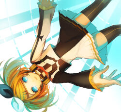 Rule 34 | 1girl, black thighhighs, blonde hair, blue eyes, bow, closed mouth, dress, dutch angle, facing viewer, frilled sleeves, frills, hair bow, hair ornament, hairclip, highres, jacket, kagamine rin, kagamine rin (roshin yuukai/hard rkmix), looking at viewer, midair, multicolored clothes, multicolored jacket, pleated dress, project diva (series), project diva f 2nd, reactor (module), short hair, short twintails, light smile, striped clothes, striped thighhighs, swept bangs, thighhighs, twintails, two-tone bow, two-tone dress, two-tone jacket, vertical-striped clothes, vertical-striped thighhighs, vocaloid, yellow nails