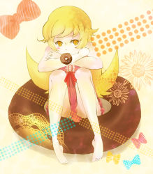 Rule 34 | 10s, 1girl, bare shoulders, barefoot, blonde hair, blush stickers, doughnut, dress, female focus, food, highres, long hair, monogatari (series), nisemonogatari, oshino shinobu, solo, yellow eyes