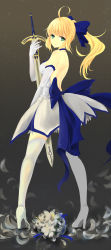 Rule 34 | 1girl, absurdres, ahoge, artoria pendragon (all), artoria pendragon (fate), backless dress, backless outfit, blonde hair, blue ribbon, bouquet, breasts, caliburn (fate), dre, dress, elbow gloves, fate/stay night, fate (series), flower, gloves, green eyes, grey background, hair ribbon, high heels, highres, long hair, looking at viewer, official alternate costume, official alternate hairstyle, ponytail, profile, ribbon, saber (fate), saber (pure night dress) (fate), saber lily, sideboob, solo, strapless, strapless dress, sword, thighhighs, weapon