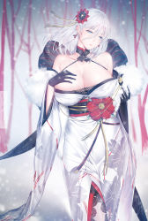 Rule 34 | 1girl, au11, azur lane, back bow, bare shoulders, bare tree, black gloves, black sash, blue eyes, blush, bow, breasts, cherry blossom print, chinese commentary, choker, cleavage, collarbone, commentary request, cowboy shot, earrings, feather boa, floral print, flower, gloves, hair between eyes, hair ornament, hand on own chest, head tilt, highres, japanese clothes, jewelry, kimono, large breasts, long sleeves, looking to the side, medium hair, off shoulder, official alternate costume, parted lips, print kimono, red sash, sash, sidelocks, snow, snowing, solo, standing, tirpitz (azur lane), tirpitz (seasonal pine and the frost flower) (azur lane), tree, white hair, white kimono, wide sleeves