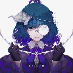 Rule 34 | androgynous, ascot, black gloves, blue ascot, blue eyes, blue hair, gem, gloves, highres, looking at viewer, medium hair, monocle, original, simple background, smile, to/garashi, upper body, white background