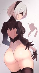 Rule 34 | 1girl, android, artist request, ass, blindfold, breasts, cameltoe, covered eyes, from behind, gloves, hairband, highres, huge ass, large breasts, leotard, nier:automata, nier (series), pod (nier:automata), shiny skin, short hair, sideboob, silver hair, solo focus, thick thighs, thighhighs, thighs, thong, thong leotard, 2b (nier:automata)