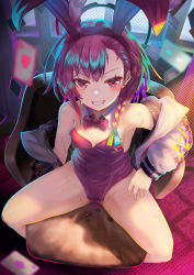 Rule 34 | 1girl, ahoge, animal ears, asymmetrical bangs, blue archive, blush, bow, bowtie, braid, breasts, card, detached collar, fake animal ears, grin, halo, highleg, highleg leotard, highres, jacket, leotard, looking at viewer, mole, mole under eye, neru (blue archive), neru (bunny) (blue archive), orange hair, playboy bunny, playing card, print jacket, rabbit ears, red bow, red bowtie, red eyes, red leotard, single braid, sitting, small breasts, smile, solo, strapless, strapless leotard, sweat, tag, tanaka ken&#039;ichi