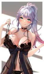 Rule 34 | 1girl, black bra, black panties, bra, bra lift, braid, breasts, choker, cleavage, commission, facial mark, gown lift, green eyes, highres, indie virtual youtuber, large breasts, licking, licking lips, lingerie, looking at viewer, multicolored hair, nail polish, nightgown, panties, ponytail, purple hair, sata nakia, seductive smile, see-through, shirt, skeb commission, smile, solo, star (symbol), tako 8 yaki, tongue, tongue out, underwear, virtual youtuber, white shirt