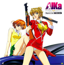 Rule 34 | 1990s (style), 2girls, :d, absurdres, agent aika, aida rion, aika (series), arm up, bare arms, bare shoulders, blonde hair, blue eyes, breasts, brooch, brown eyes, bustier, car, cleavage, collar, copyright name, cover, cropped legs, detached collar, earrings, fingernails, folded ponytail, glasses, gluteal fold, green skirt, gun, hair between eyes, hairband, highres, holding, holding gun, holding weapon, jacket, jewelry, lanchester smg, laserdisc cover, lipstick, logo, long hair, long sleeves, looking at viewer, makeup, medium breasts, miniskirt, motor vehicle, multiple girls, official art, on vehicle, open mouth, panties, pantyshot, pencil skirt, photoshop (medium), pleated skirt, red hairband, red jacket, red lips, red skirt, retro artstyle, rifle, shirt, short hair, simple background, sitting, skirt, smile, standing, submachine gun, sumeragi aika, tongue, underwear, vest, weapon, white background, white collar, white panties, white shirt, yamauchi noriyasu, yellow bustier, yellow vest