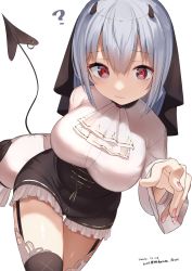 Rule 34 | 1girl, ?, ascot, black ribbon, black skirt, black thighhighs, breasts, closed mouth, commentary request, dated, demon girl, demon horns, demon tail, frilled skirt, frills, garter straps, grey hair, hair between eyes, hair ribbon, hakase fuyuki, hakase fuyuki (3rd costume), high-waist skirt, highres, hirota fruit, horns, large breasts, long sleeves, looking at viewer, nail polish, nijisanji, piercing, pink nails, red eyes, ribbon, shirt, simple background, skirt, sleeves past fingers, sleeves past wrists, solo, tail, tail ornament, tail piercing, thighhighs, twitter username, virtual youtuber, white ascot, white background, white shirt