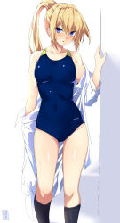 Rule 34 | 1girl, absurdres, black socks, blonde hair, blue eyes, blue one-piece swimsuit, breasts, collared shirt, commentary request, competition swimsuit, dress shirt, feet out of frame, highres, long hair, looking at viewer, medium breasts, new school swimsuit, one-piece swimsuit, open clothes, open shirt, original, ponytail, school swimsuit, sebunsu, shirt, socks, solo, standing, swimsuit, white background, white shirt