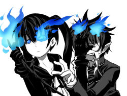 Rule 34 | 10s, ao no exorcist, black rock shooter, black rock shooter (character), crossover, monochrome, okumura rin, pointy ears, spot color, tagme, tail, tail grab
