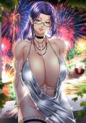Rule 34 | 1girl, abs, alcohol, breasts, cup, dress, drinking glass, earrings, glasses, green eyes, highres, jewelry, nail polish, pointy ears, purple hair, solo, tagme, taranima, wine, wine glass