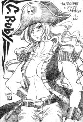 Rule 34 | 1girl, 2000, :i, annoyed, artist request, belt, blush, breasts, buttons, capcom, captain kidd (cosplay), captain kidd (world heroes), character name, cleavage, collarbone, cosplay, cowboy shot, epaulettes, eyebrows, greyscale, hand on own hip, hat, long hair, marvel vs. capcom, marvel vs. capcom 2, medium breasts, monochrome, navel, no bra, one eye covered, open clothes, open shirt, pants, pirate, pirate hat, resolution mismatch, ruby heart, shirt, skull, snk, solo, source larger, stomach, text focus, translation request, upper body, world heroes, wrist cuffs
