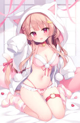 1girl absurdres animal_ear_hood animal_ears bell bikini blush breasts brown_hair cameltoe cat_ears cat_tail collar fake_animal_ears fish_hair_ornament hair_ornament hairclip heart heart-shaped_pillow highres hood hooded_jacket indoors jacket jingle_bell kofuyu_(cofyuuun) large_breasts long_hair looking_at_viewer loose_socks open_clothes open_jacket open_mouth original pillow pink_bikini pink_socks red_collar red_eyes sitting sleeves_past_wrists smile socks solo swimsuit tail thigh_strap wariza white_jacket x_hair_ornament