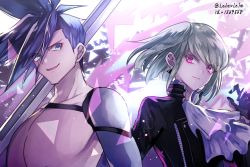 Rule 34 | 2boys, artist name, ascot, bishounen, blue hair, collarbone, commentary request, eyes visible through hair, frown, galo thymos, gloves, green hair, hair over one eye, holding, holding sword, holding weapon, jacket, lio fotia, long hair, looking at viewer, male focus, multiple boys, promare, purple eyes, short hair, smile, spiked hair, sword, weapon, z-epto (chat-noir86)