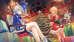 Rule 34 | 3girls, :d, asagi futsuka, bell, blonde hair, blue hair, blue headwear, blue jacket, bow, box, christmas, christmas tree, closed mouth, crossed legs, dress, drooling, dutch angle, floating, from below, fur-trimmed dress, fur-trimmed headwear, fur-trimmed sleeves, fur trim, furina (genshin impact), genshin impact, gift, gift box, gloves, hair bow, hat, heterochromia, highres, holding, holding bell, holding lantern, indoors, jacket, lantern, long hair, long sleeves, lumine (genshin impact), medium dress, mismatched pupils, multiple girls, open clothes, open jacket, open mouth, paimon (genshin impact), red bow, red dress, red headwear, short dress, short hair with long locks, sidelocks, sitting, smile, standing, symbol-shaped pupils, very long hair, vest, white dress, white gloves, white hair, white vest, yellow eyes