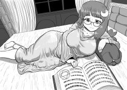 Rule 34 | 1girl, :3, anklet, barefoot, bed, bespectacled, blush, book, breasts, closed mouth, collarbone, commentary request, crescent, crescent hair ornament, curtains, glasses, greyscale, hair ornament, hyou-gami, jewelry, large breasts, long hair, lying, monochrome, multiple rings, no headwear, on side, open book, partial commentary, patchouli knowledge, pillow, reading, ring, robe, round eyewear, smile, solo, touhou, window