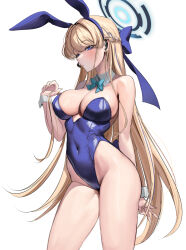 Rule 34 | 1girl, animal ears, bare shoulders, blonde hair, blue archive, blue eyes, blue leotard, bow, bowtie, braid, breasts, detached collar, earpiece, fake animal ears, halo, highleg, highleg leotard, highres, large breasts, leotard, long hair, looking at viewer, mikan03 26, multicolored hair, official alternate costume, playboy bunny, rabbit ears, solo, strapless, strapless leotard, streaked hair, thighs, toki (blue archive), toki (bunny) (blue archive), very long hair, white background, wrist cuffs