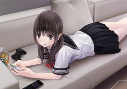 Rule 34 | 1girl, bad id, bad pixiv id, black eyes, black hair, cable, can, cellphone, chikuwa (glossymmmk), chikuwa (odennabe), chips (food), controller, couch, dualshock, food, game controller, gamepad, md5 mismatch, on couch, original, phone, playstation controller, pleated skirt, remote control, school uniform, serafuku, short sleeves, skirt, smartphone, solo