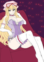 Rule 34 | 1girl, blonde hair, breasts, choker, cleavage, crossed legs, female focus, gloves, jema, large breasts, legs, lingerie, long hair, long legs, sitting, solo, thighhighs, thighs, touhou, underwear, unfinished, white gloves, white thighhighs, yakumo yukari