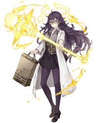 Rule 34 | 1girl, bag, braid, breasts, contemporary, contrapposto, dorothy (sinoalice), energy weapon, expressionless, full body, glasses, jino, lab coat, large breasts, looking at viewer, messy hair, official art, pantyhose, purple eyes, purple hair, sinoalice, skirt, solo, standing, test tube, transparent background