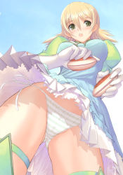 Rule 34 | blonde hair, blush, clothes lift, dress, dress lift, gloves, highres, hip focus, legs, open mouth, panties, short hair, side-tie panties, sky, striped clothes, striped panties, thighhighs, thighs, underwear, yellow eyes