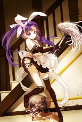 Rule 34 | 1girl, apron, bare shoulders, elbow gloves, frills, gloves, highres, lia-sama, looking at viewer, maid, maid apron, mop, panties, pantyshot, purple eyes, purple hair, side-tie panties, solo, thighhighs, tone rion, twintails, underwear, vocaloid