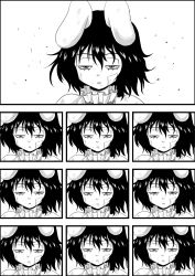 Rule 34 | 1girl, animal ears, bad id, bad pixiv id, comic, empty eyes, expressionless, face, greyscale, half-closed eyes, highres, inaba tewi, monochrome, niiko (gonnzou), parted lips, rabbit ears, silent comic, solo, tired, touhou