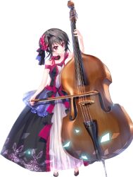 Rule 34 | 1girl, 9-nine-, bare arms, bare shoulders, black bow, black dress, black footwear, black hair, blue shawl, bow, bow (music), breasts, center frills, center opening, choker, closed mouth, collarbone, double bass, dress, eyelashes, fingernails, flower, frilled choker, frilled dress, frills, hair between eyes, hair bow, hair flower, hair intakes, hair ornament, head tilt, highres, holding, holding bow (music), holding instrument, instrument, izumi tsubasu, light blush, lips, looking at viewer, official art, red bow, red choker, red eyes, red flower, red nails, red ribbon, red sash, ribbon, ribbon choker, sash, see-through, see-through shawl, shawl, short hair with long locks, sleeveless, sleeveless dress, small breasts, smile, solo, sparkle print, star (symbol), star print, transparent background, wing print, yuuki noa