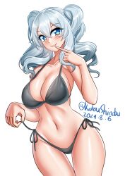 Rule 34 | 1girl, absurdres, bikini, blue eyes, breasts, dated, finger to mouth, grey bikini, grey hair, highres, kantai collection, kashima (kancolle), katou shinobu, large breasts, long hair, looking at viewer, side-tie bikini bottom, simple background, smile, solo, swimsuit, thigh gap, twintails, twitter username, wavy hair, white background