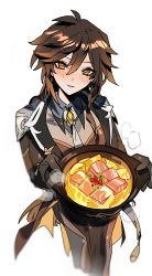 Rule 34 | 1girl, black gloves, black hair, blush, breasts, brown hair, earrings, food, formal, genderswap, genderswap (mtf), genshin impact, gloves, hair between eyes, highres, holding, holding food, jacket, jewelry, long hair, long sleeves, looking at viewer, mimlmi, multicolored hair, open mouth, ponytail, pot, simple background, single earring, slow-cooked bamboo shoot soup (genshin impact), smile, solo, steam, suit, white background, yellow eyes, zhongli (genshin impact)